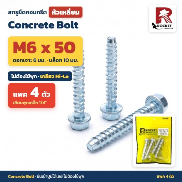 สกรูยึดคอนกรีต หัวเหลี่ยม Rocket M6x50 แพค 4 ตัว ไม่ต้องใช้พุก เกลียว Hi-Lo ดอกเจาะ 6 มม. Concrete Bolt