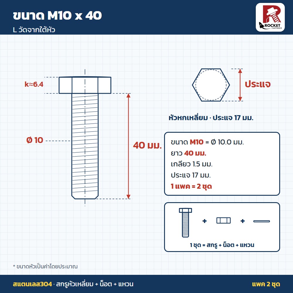 สกรูหัวเหลี่ยม สแตนเลส304 พร้อมน็อตและแหวน M10 x 40 มม. แพค 2 ชุด ไม่เป็นสนิม - Image 2