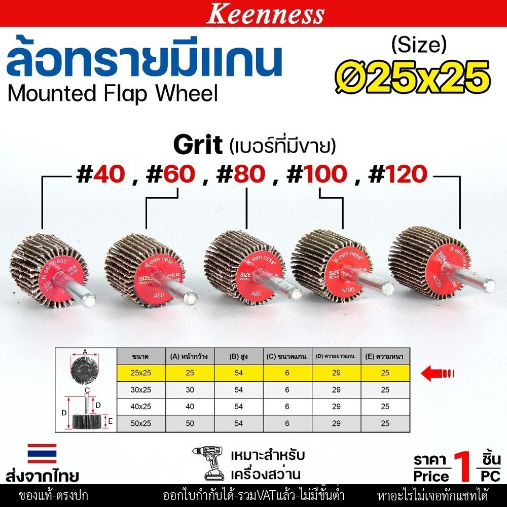 Keenness ล้อทราย 25x25 มีแกน 6 มิล กระดาษทรายมีแกน ลูกขัดกระดาษทราย กระดาษทราย ล้อทราย ลูกขัดล้อทราย (ราคา1ชิ้น) 25x25 #120 - Image 2