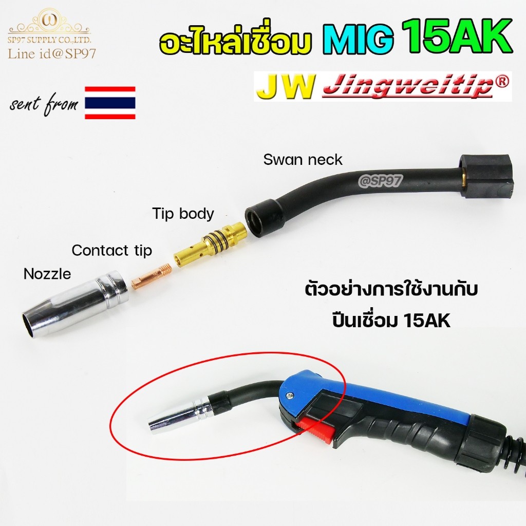 JW ชุดอะไหล่ด้ามเชื่อมมิก 15AK 12 ชิ้น ลวด 0.8 มม. (Nozzle + Tip Body + Contact Tip 10) ราคาต่อ 1 ชุด - Image 4