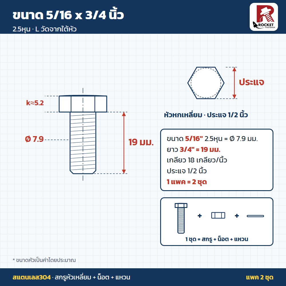 สกรูหัวเหลี่ยม สแตนเลส304 พร้อมน็อตและแหวน 5/16 x 3/4 นิ้ว (2.5หุน) แพค 2 ชุด ไม่เป็นสนิม - Image 2