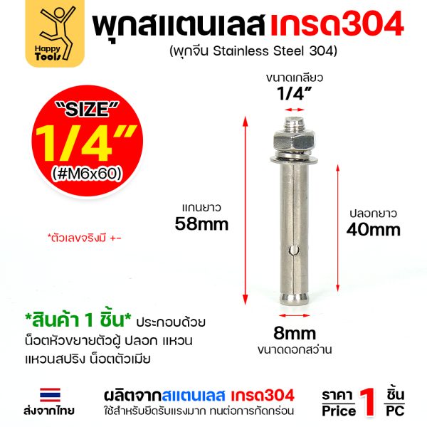 พุกสแตนเลส 1/4 นิ้ว (2 หุน) แบบไม่มีเขี้ยว ราคาต่อ 1 ตัว