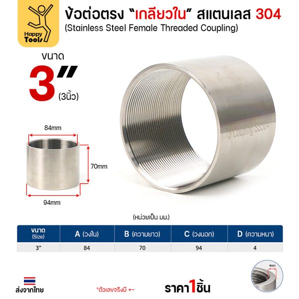 Lucky7 ข้อต่อตรงเกลียวใน สแตนเลส 304 (CPM) ขนาด 3 นิ้ว