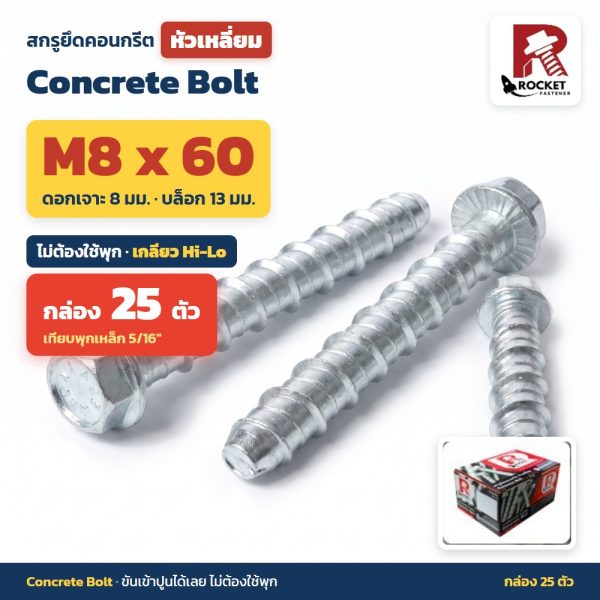 สกรูยึดคอนกรีต หัวเหลี่ยม Rocket M8x60 กล่อง 25 ตัว ไม่ต้องใช้พุก เกลียว Hi-Lo ดอกเจาะ 8 มม. Concrete Bolt