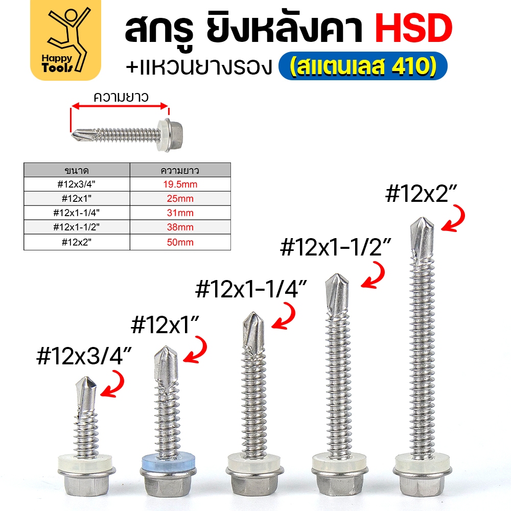 (SC21)สกรูสแตนเลสยิงหลังคาเมทัลชีท #12 สกรูสแตนเลสยึดท้องลอน สแตนเลสเกรด410 ปลายสว่านคม แข็งแรงไม่เป็นสนิม #12 ยาว 1-1/2 นิ้ว แพค 10 ตัว - Image 2