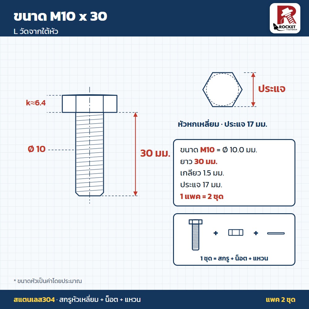 สกรูหัวเหลี่ยม สแตนเลส304 พร้อมน็อตและแหวน M10 x 30 มม. แพค 2 ชุด ไม่เป็นสนิม - Image 2