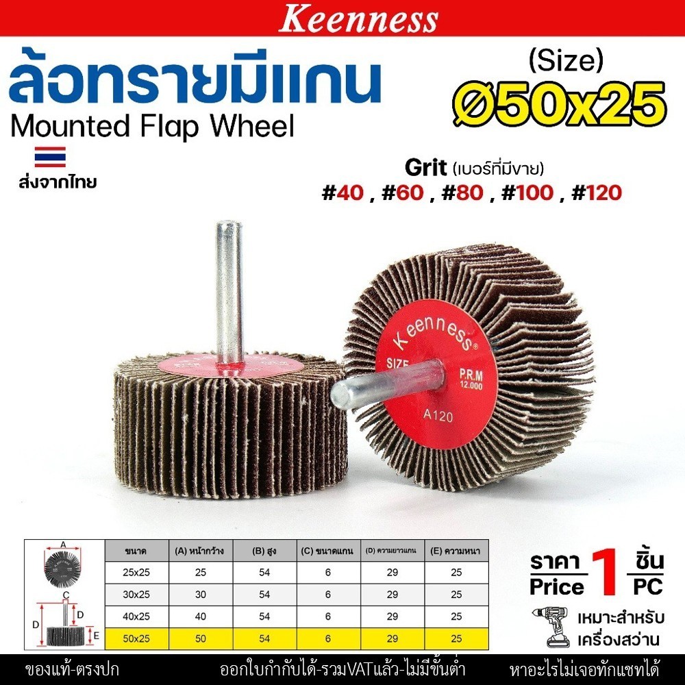 Keenness ล้อทราย 50x25 มีแกน 6 มิล กระดาษทรายมีแกน ลูกขัดกระดาษทราย กระดาษทราย ล้อทราย ลูกขัดล้อทราย (ราคา1ชิ้น) 50x25 #40 - Image 4