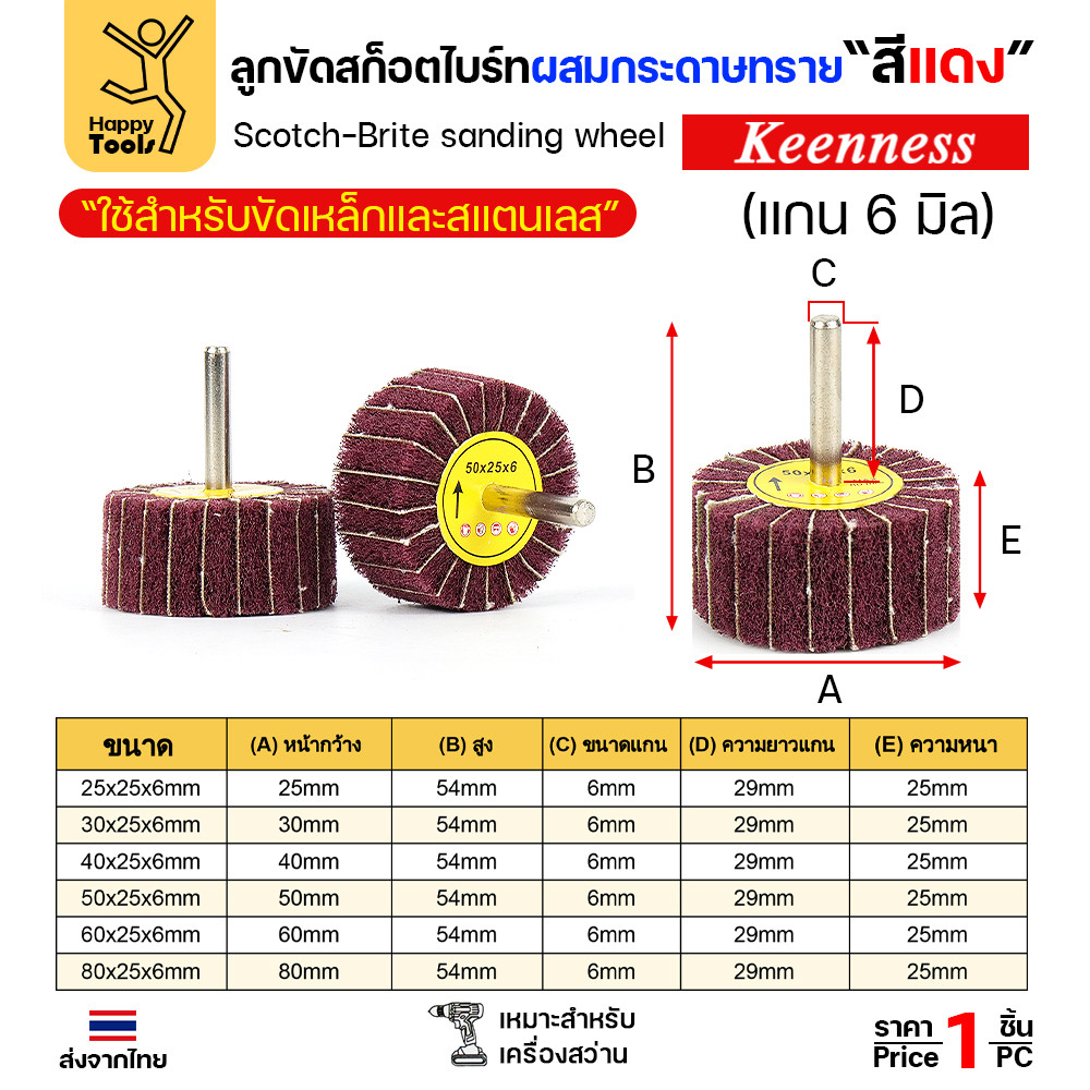 ล้อทรายมีแกน สลับเนื้อสก๊อตไบร์ทแดง แกน 6mm เลือกขนาดได้ ขัดเหล็ก สแตนเลส ไม้ อลูมิเนียม พลาสติก ไฟเบอร์กลาส - Image 4