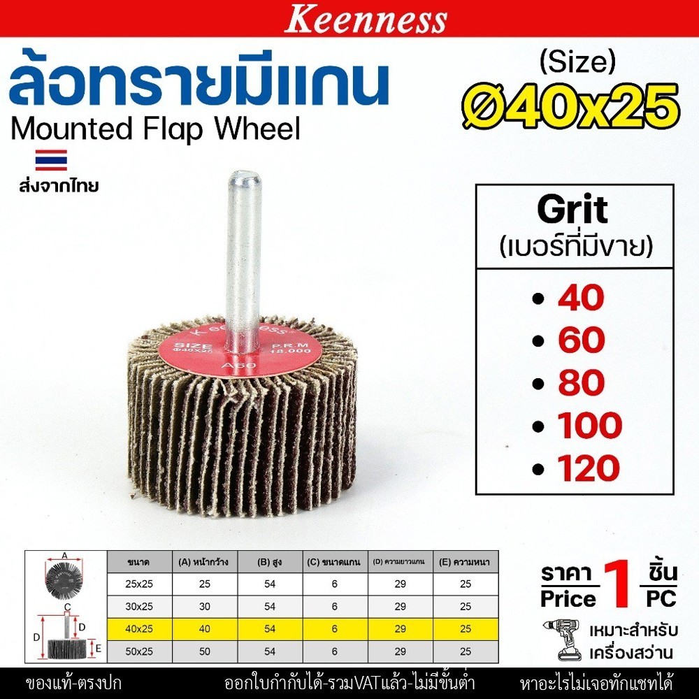 Keenness ล้อทราย 40x25 มีแกน 6 มิล กระดาษทรายมีแกน ลูกขัดกระดาษทราย กระดาษทราย ล้อทราย ลูกขัดล้อทราย (ราคา1ชิ้น) เบอร์ 120 - Image 3