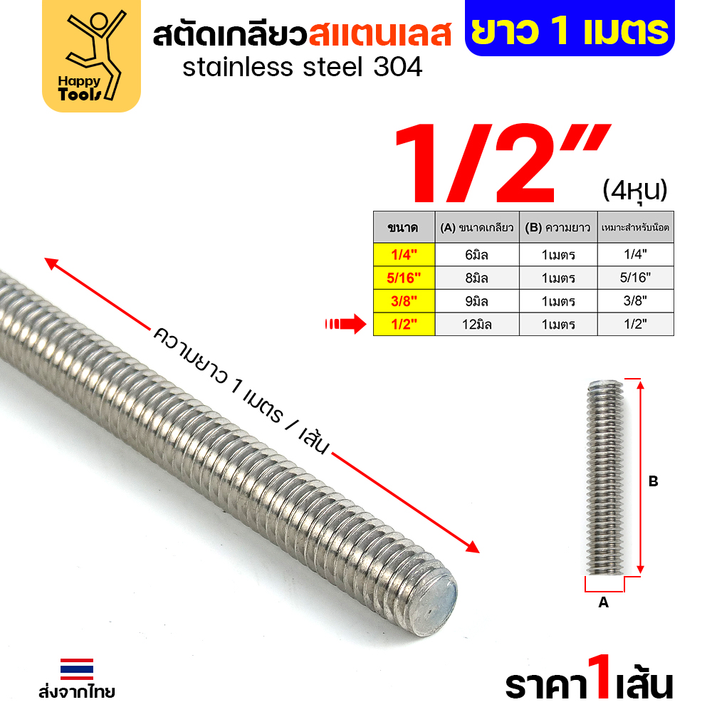 Rocket สตัดเกลียวตลอด สแตนเลส 304 1/2" (4 หุน) ยาว 1 เมตร