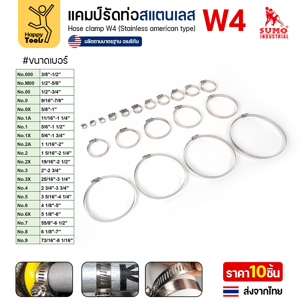 เข็มขัดรัดท่อสแตนเลส W4 SUMO ครบทุกเบอร์ No.000 ถึง No.9