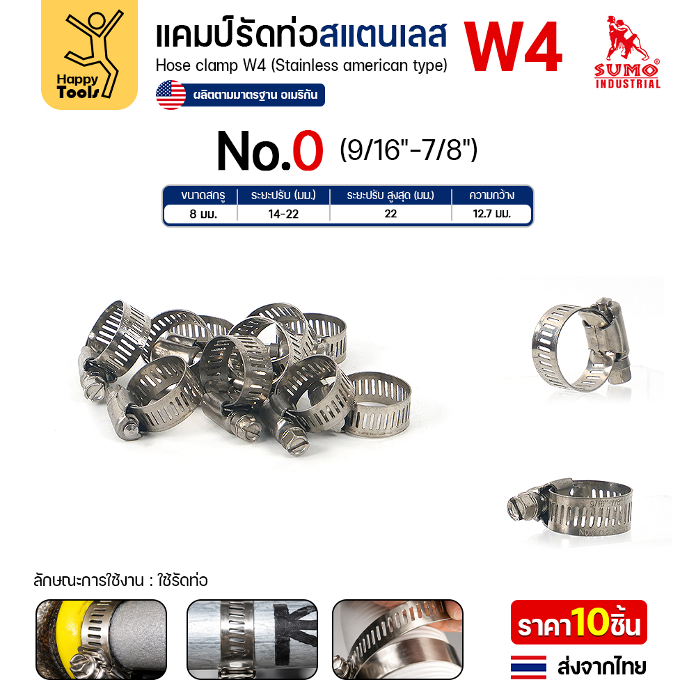 SUMO เข็มขัดรัดท่อสแตนเลส W4 เบอร์ 0 รัดท่อ 14–22 มม.