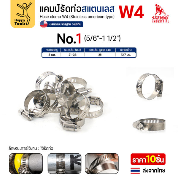 SUMO เข็มขัดรัดท่อสแตนเลส W4 เบอร์ 1 รัดท่อ 21–38 มม.