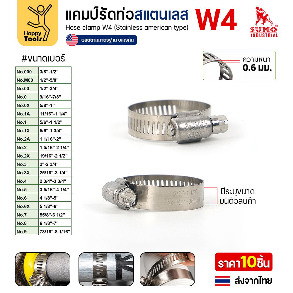 เข็มขัดรัดท่อสแตนเลส W4 SUMO สายหนา 0.6 มม. พิมพ์ขนาดบนตัวสาย