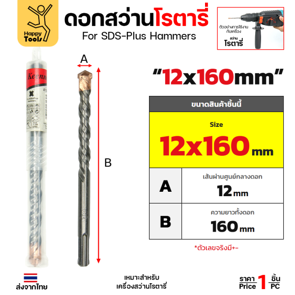Keenness ดอกสว่านโรตารี่ SDS-Plus 12x160 มม. ปลายคาร์ไบด์ เจาะปูน คอนกรีต รหัส G117 ราคาต่อ 1 ดอก
