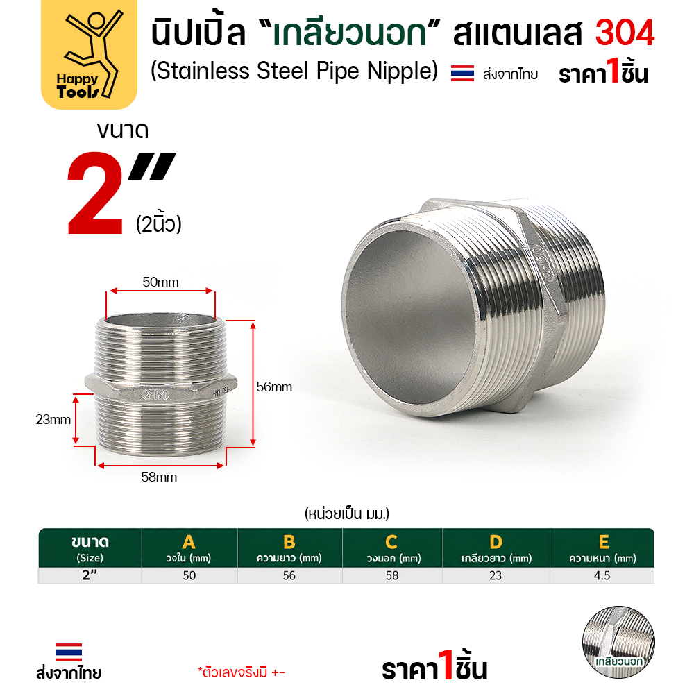 Lucky7 นิปเปิ้ลเกลียวนอก สแตนเลส 304 (HN) ขนาด 2 นิ้ว