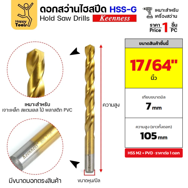 Keenness ดอกสว่านเจาะเหล็ก HSS M2 ชุบทอง ขนาด 17/64" (6.7 มม.) รหัส H115 ราคาต่อ 1 ดอก