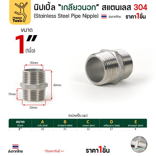 Lucky7 นิปเปิ้ลเกลียวนอก สแตนเลส 304 (HN) ขนาด 1 นิ้ว