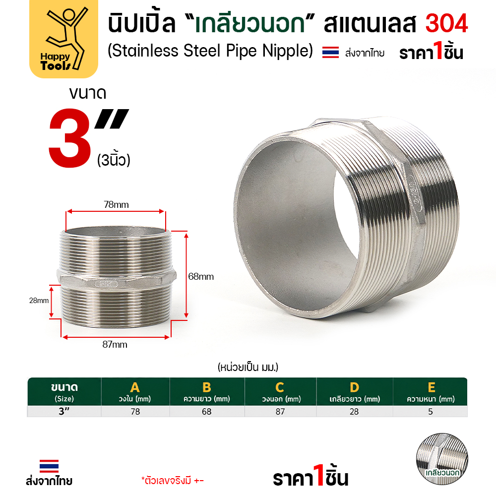 Lucky7 นิปเปิ้ลเกลียวนอก สแตนเลส 304 (HN) ขนาด 3 นิ้ว