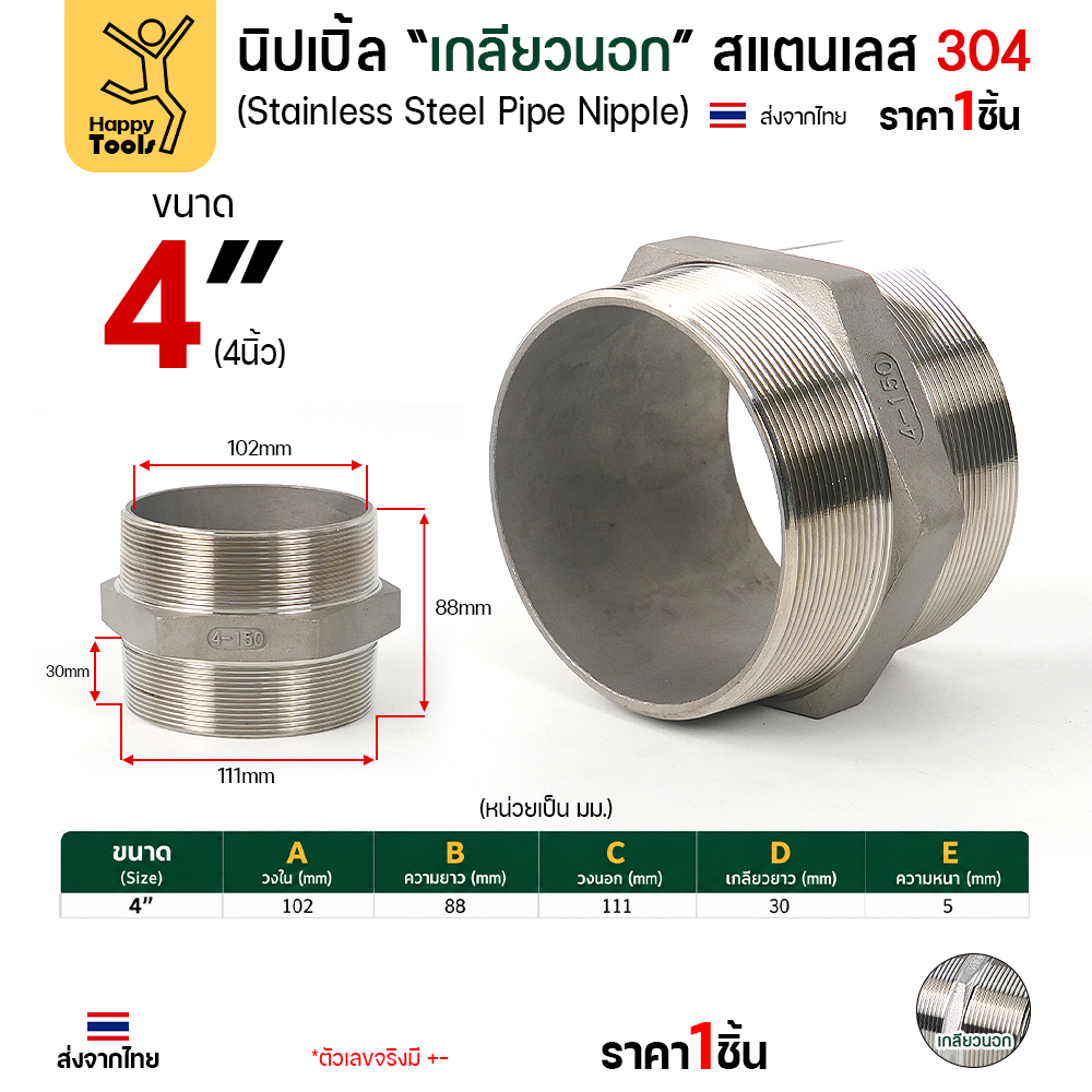 Lucky7 นิปเปิ้ลเกลียวนอก สแตนเลส 304 (HN) ขนาด 4 นิ้ว